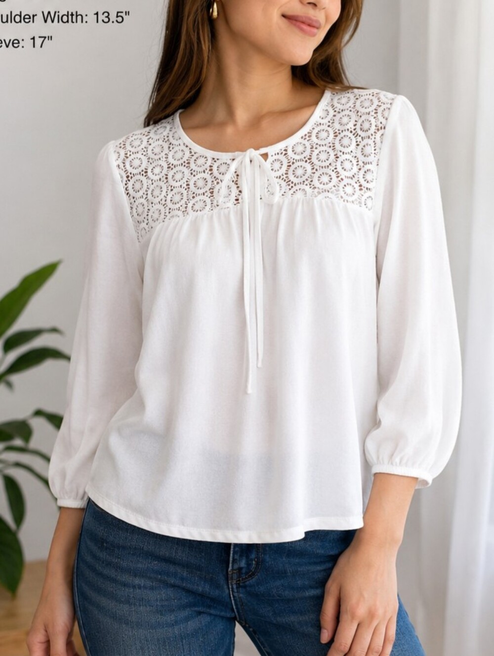 Blue Rain White Crochet Yoke Women's Top - Soft Tie Neck Size XS EUC
